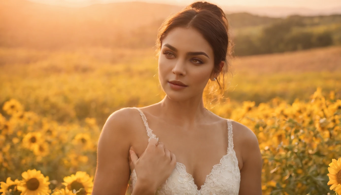 Mulher morena, pele amarelada, no campo de flores, com borboletas voando, e um por do sol