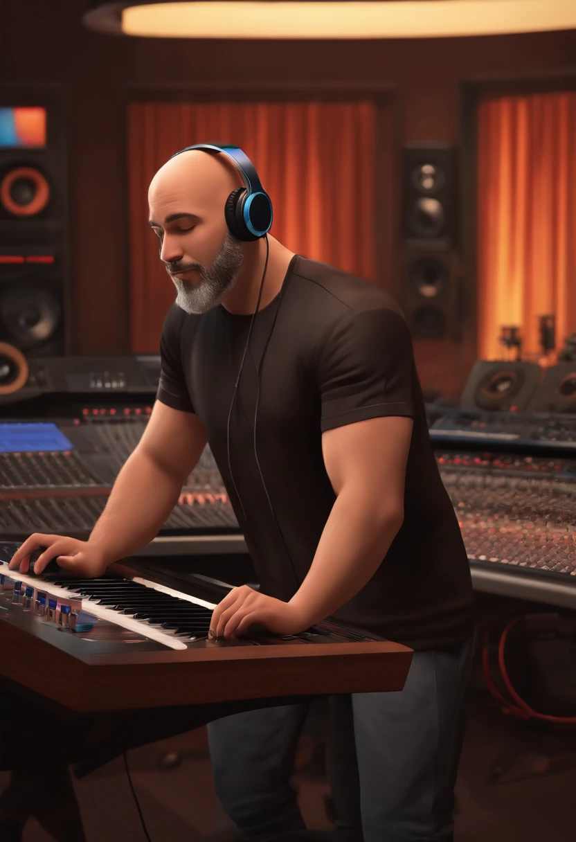 a man, bald, using a black cap, short beard, brown eyes, with headphones, a music studio in background, image in pixar style, black t-shirt