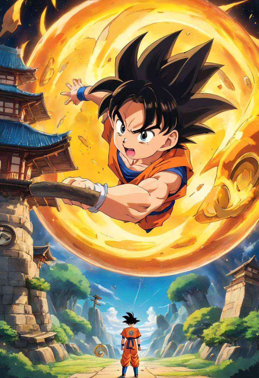 Dragon ball with a black star inside, cortada ao meio de forma omogenea, Environment background fully filled with manga story