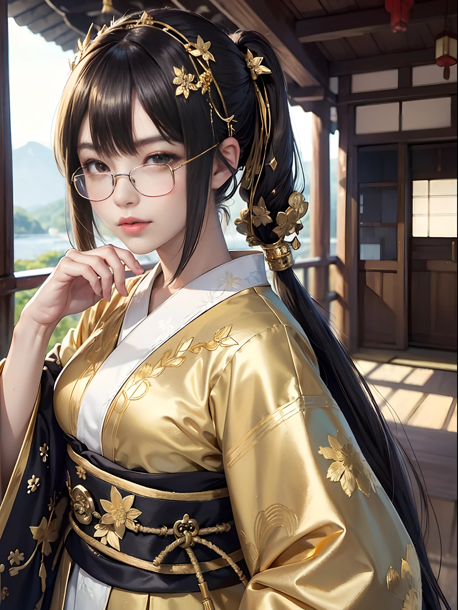 (rokoko:1.5),Background of details(Japan tavern:1.2),BREAK ,elaborate costume(Luxury kimono(Black kimono(detailed embroidery(blanche,golds)))),BREAK,(1 Beautiful and classy adult woman(Shy smile:1.2)(Japanese actressl:1.2)(glossy dark hair(poneyTail:1.2))),(eye glass(four corners:1.2)),(),BREAK,Wallpapers 16K,Blur the background,(masutepiece:1.5),(Best Quality:1.5),(Portrait photos:1.5),full body Esbian