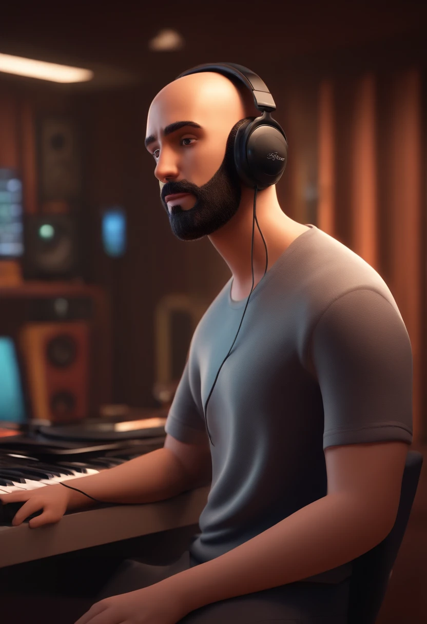 a man, bald, short beard, brown eyes, with headphones, a music studio in background, image in pixar style, 3D Animated Movie Style, disney, black t-shirt