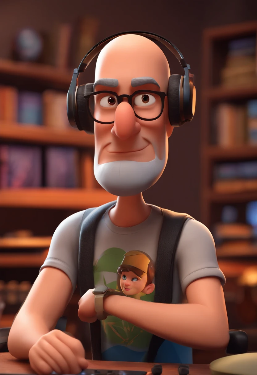 a man, bald, short beard, brown eyes, with headphones, a music studio in background, image in pixar style, 3D Animated Movie Style, disney, black t-shirt