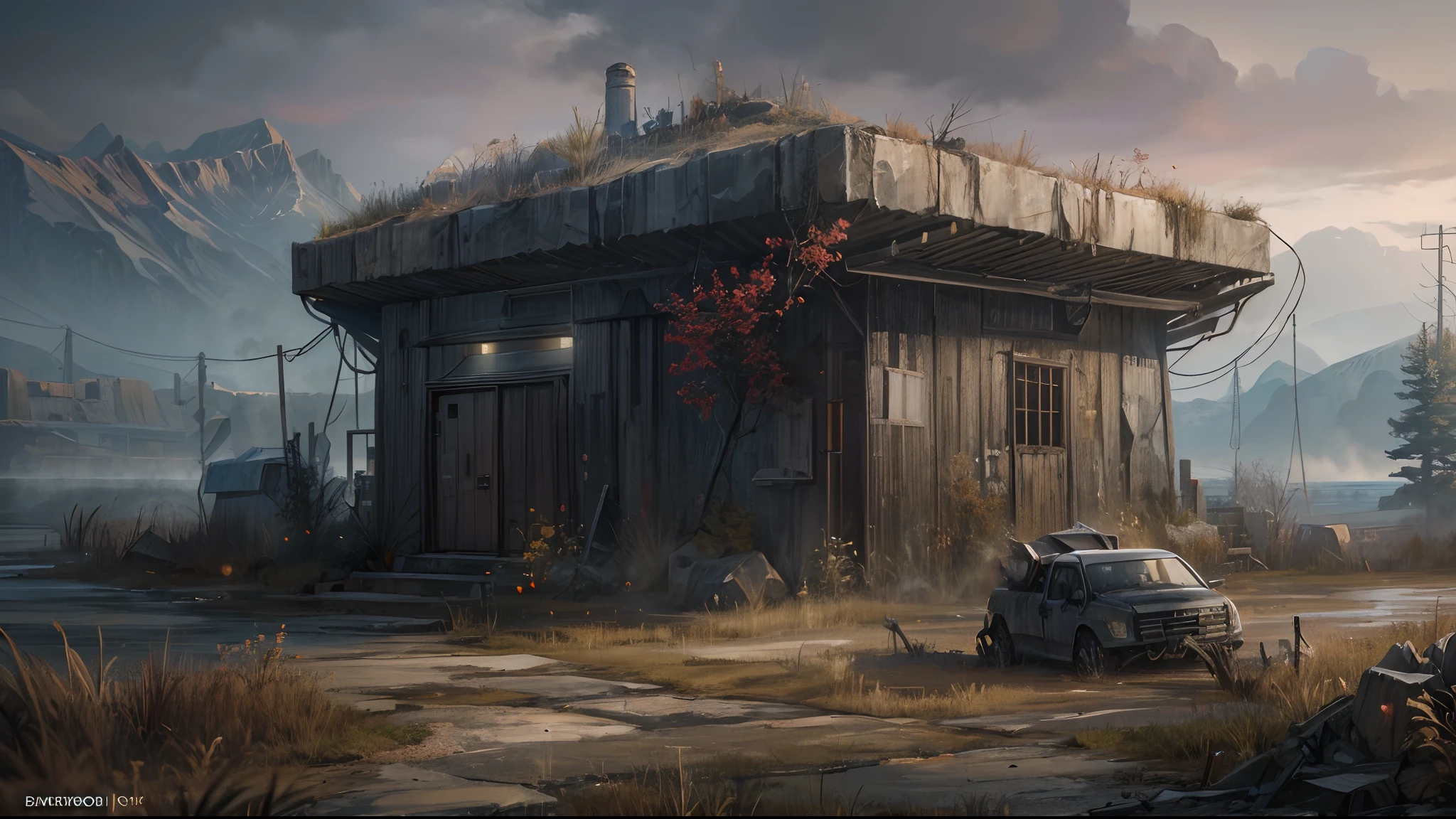 concept art, A small Armored bunker style Cabin in a post apocalyptic, surrounded by barbwire, gun turrets on roof, mountain lake, dreary smoky atmosphere, Epic long shot, postapoAI, 8k, UHD, HDR, (Masterpiece:1. 5), (best quality:1. 5), volumetric lighting, HD
