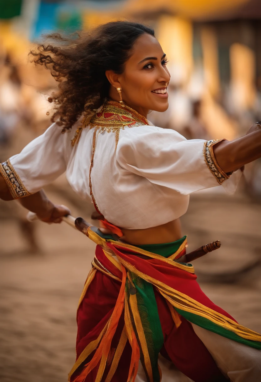 (best quality,highres:1.2),(vivid colors),(physically-based rendering),(portrait),(Brazilian culture),(dynamic),
(motion),(graceful),(energetic),(dancing),(acrobatics),(Brazilian martial art),(athleticism),(fluid movements),(powerful kicks),
(fighting),(rhythm),(music),(live drumming),(traditional instruments),(berimbau),(pandeiro),(cuica),(ginga),(roda),(community),
(traditional clothing),(white uniforms),(colorful belts),(cord),(culture preservation),(Brazilian identity).