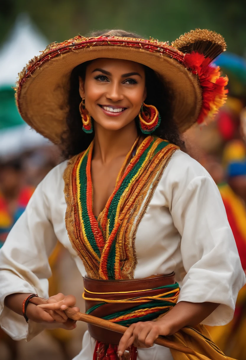 (best quality,highres:1.2),(vivid colors),(physically-based rendering),(portrait),(Brazilian culture),(dynamic),
(motion),(graceful),(energetic),(dancing),(acrobatics),(Brazilian martial art),(athleticism),(fluid movements),(powerful kicks),
(fighting),(rhythm),(music),(live drumming),(traditional instruments),(berimbau),(pandeiro),(cuica),(ginga),(roda),(community),
(traditional clothing),(white uniforms),(colorful belts),(cord),(culture preservation),(Brazilian identity).