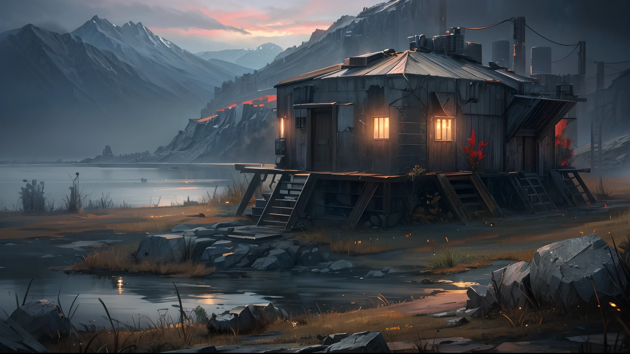 concept art, A small Armored bunker style Cabin in a post apocalyptic, surrounded by barbwire, gun turrets on roof, mountain lake, dreary smoky atmosphere, Epic long shot, postapoAI, 8k, UHD, HDR, (Masterpiece:1. 5), (best quality:1. 5), volumetric lighting, HD