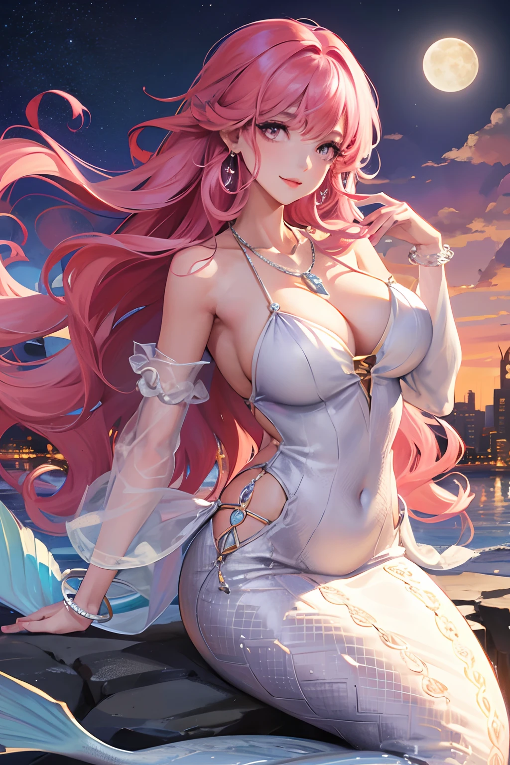 Masterpiece, Best quality, full_Moon, sky, Colorful, Real, Realistic, Photo, Huge_filesize, the wallpaper, Cityscape, Girl, mermaid, Long hair, Pink hair, curly_Hair, Light smile, Earrings, pendant, necklace,
