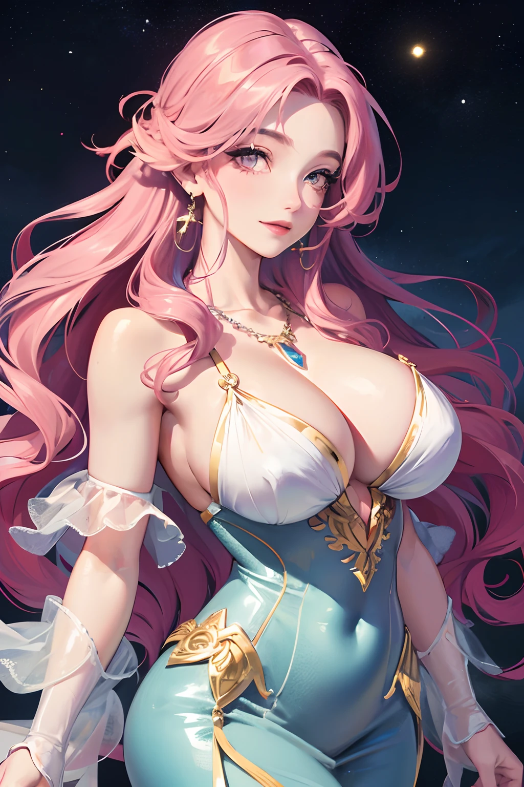 Masterpiece, Best quality, full_Moon, sky, Colorful, Real, Realistic, Photo, Huge_filesize, the wallpaper, Cityscape, Girl, mermaid, Long hair, Pink hair, curly_Hair, Light smile, Earrings, pendant, necklace,