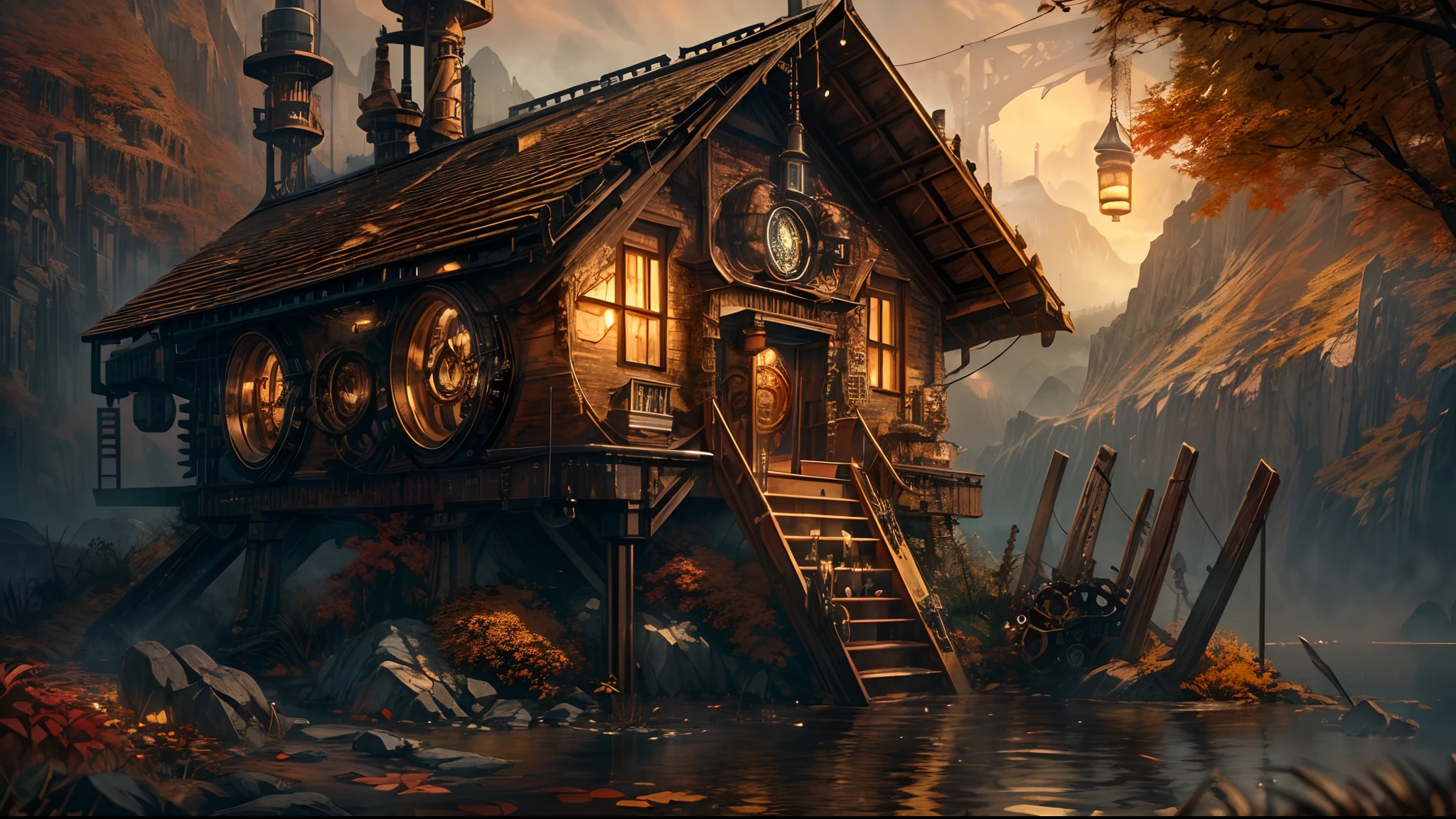 (best quality,4k,8k,highres,masterpiece:1.2), concept art, medium shot, (steampunk theme:1.5), steampunk (cabin:1.2) with intricate pipes, mountain lake, autumn vibe, serene, cozy, limited palette, volumetric lighting