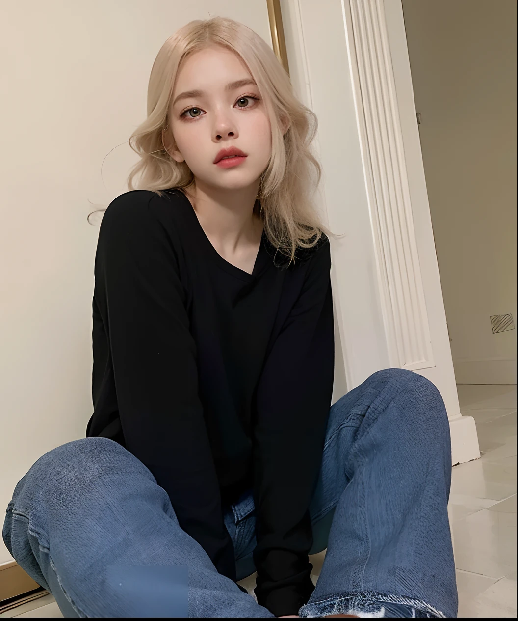mujer rubia sentada en el suelo con las piernas cruzadas, con jeans y una sudadera con capucha negra, Yelena Belova, pale skin curly blond hair, con camisa oscura y jeans, Billie Eilish, extremely pale blond hair, Mujer joven INFP, 2 4 old female model, anya taylor joy, dressed anya taylor - joy, wearing a black sweater