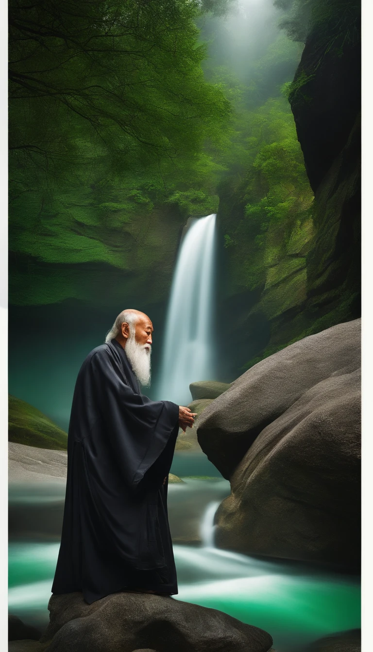 Old man of ancient China，Full of wisdom，gray hair and beard，Deep vision，Full body photo of the front，Sit cross-kneeled on a huge rock，Behind is green water，Bright light，Ultra-clear，8K,Gray robe，close-up imagery