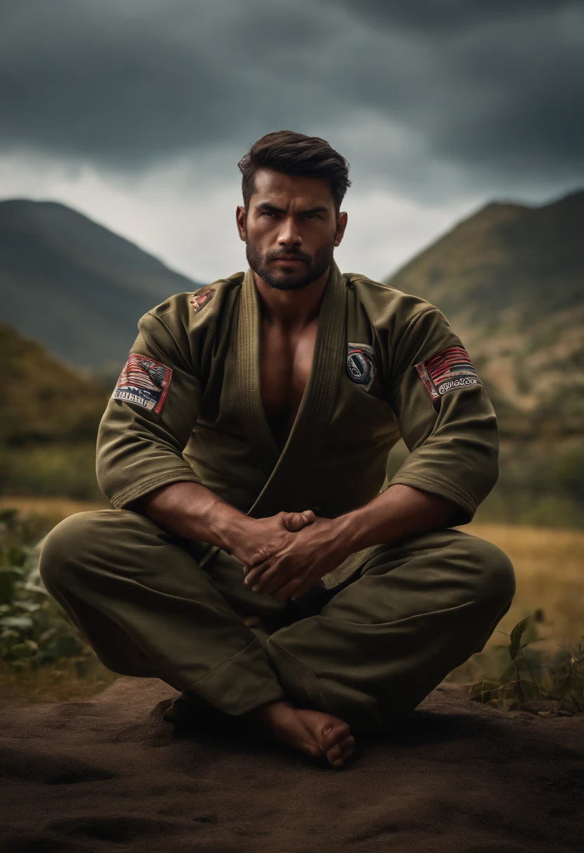 homem em frente a uma gigantesca montanha ao fundo, with arms crossed, Man in combat position, Quimono de jiu-jitsu, 8k, hyper realista, detalhado.