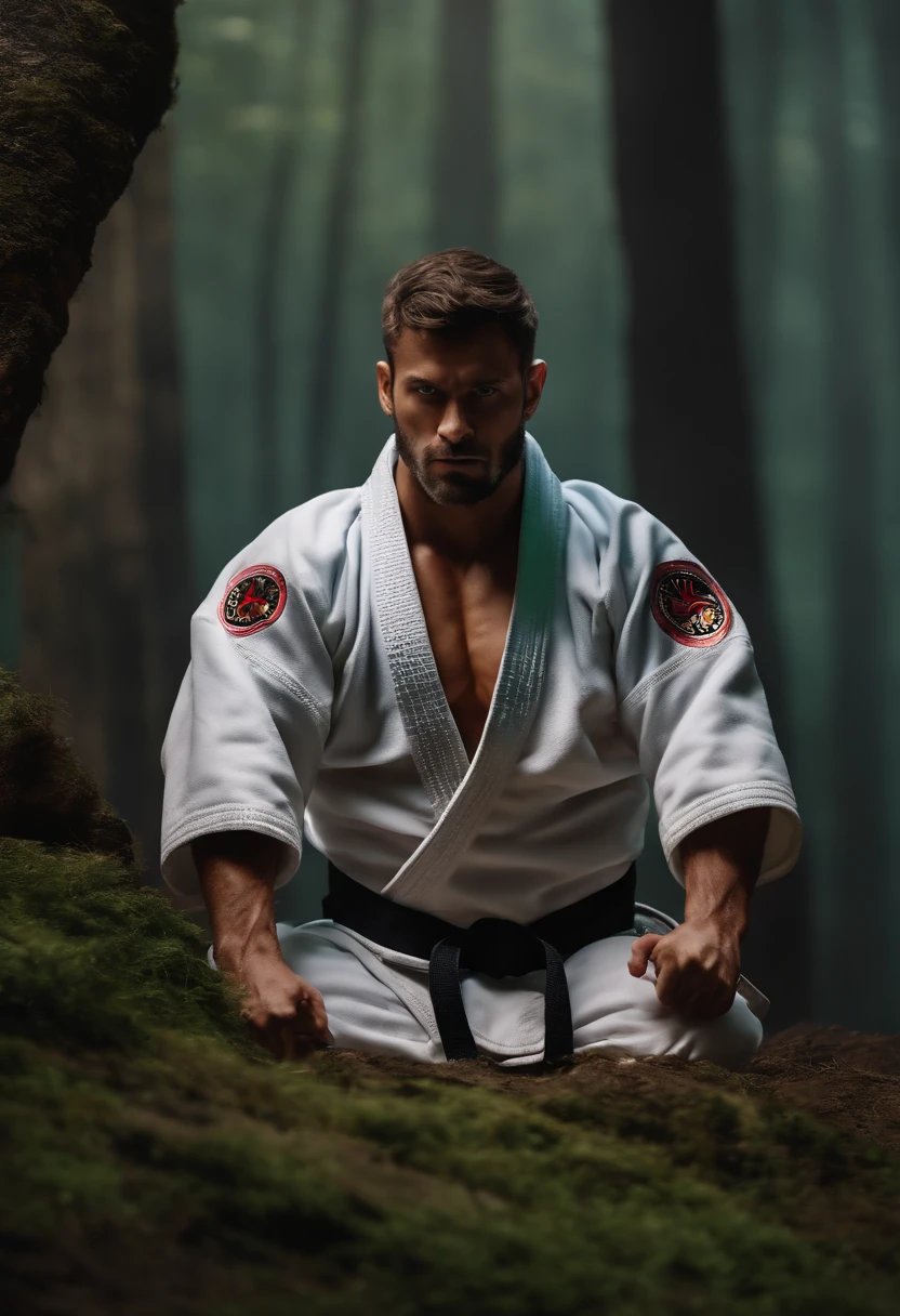 homem em frente a uma gigantesca montanha ao fundo, with arms crossed, Man in combat position, Quimono de jiu-jitsu, 8k, hyper realista, detalhado.