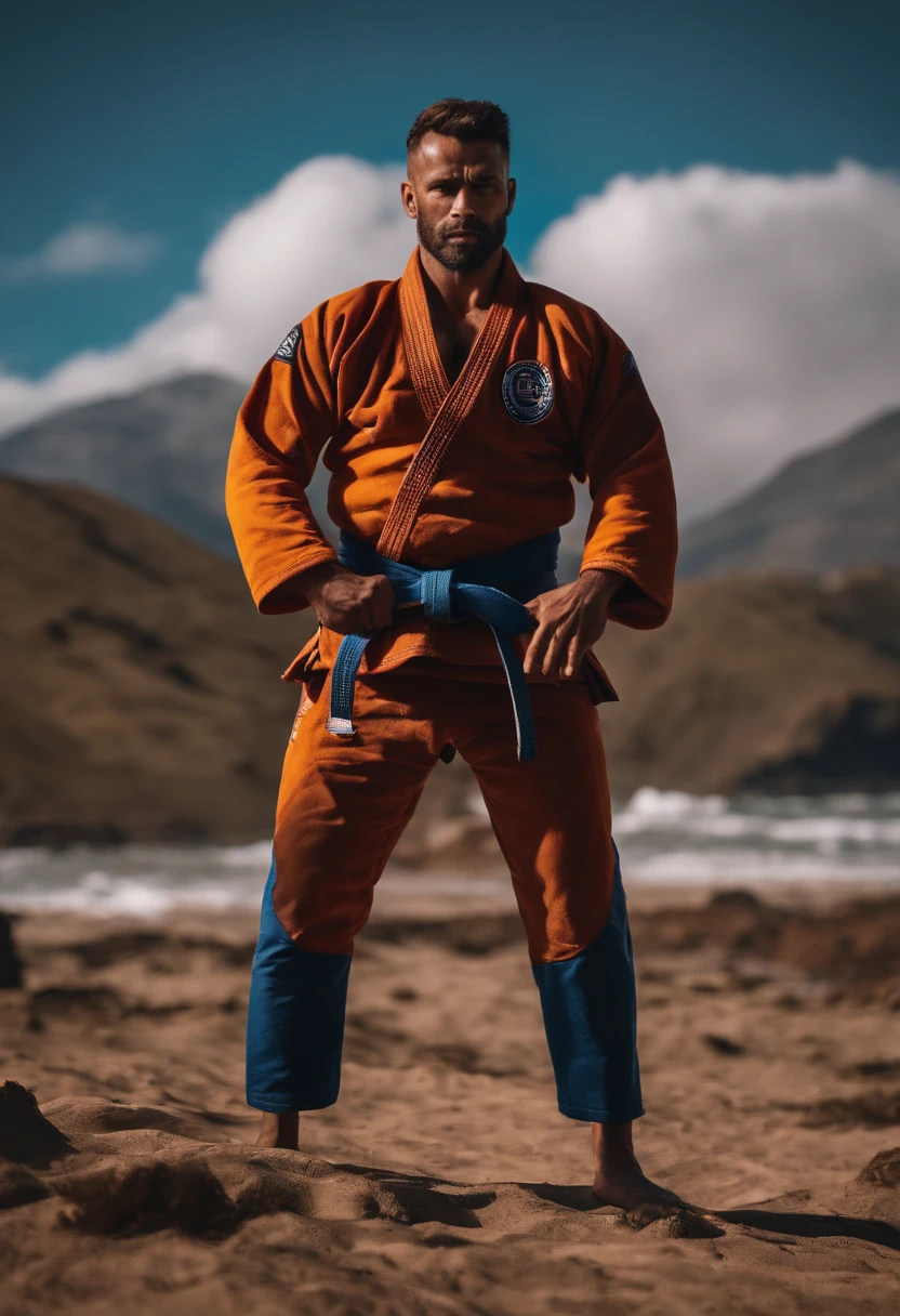 homem em frente a uma gigantesca montanha ao fundo, with arms crossed, Man in combat position, Quimono de jiu-jitsu, 8k, hyper realista, detalhado.