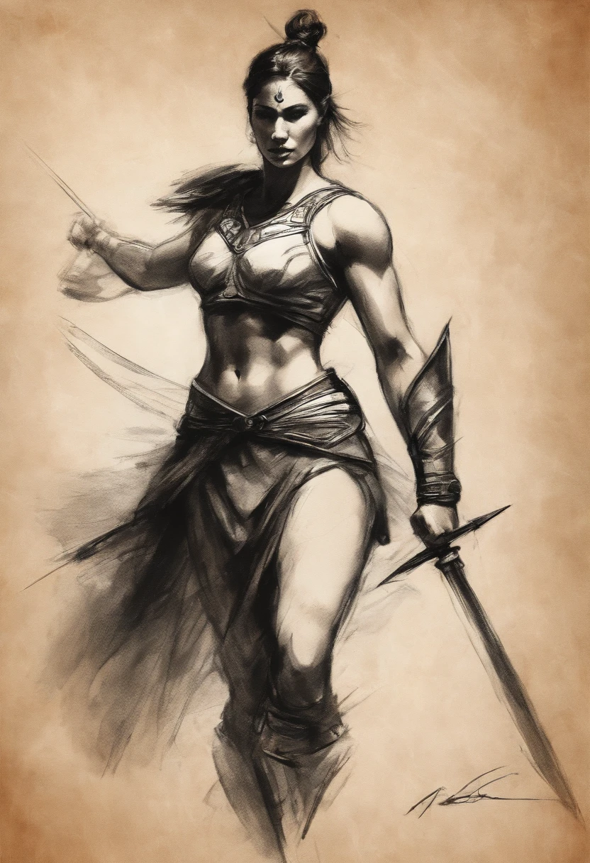 Rough charcoal sketch on old paper, Muscular female warrior, with spear image,Dynamic pose,Clean line art,+Expressive lines,Paint in an expressive sketch style, hatching, Black and white sketch, handpainted, Rough charcoal sketch on old paper, Muscular female image,Dynamic pose,Clean line art,+Expressive lines,Paint in an expressive sketch style, hatching, Black and white sketch, handpainted, sketching, Linear style::Sketch note style sketch, Linear style::Sketch annotation style