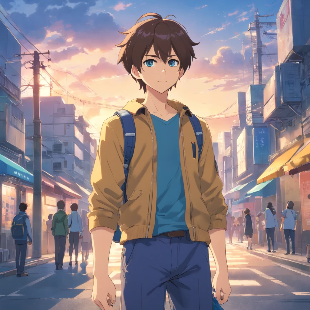 Personnage masculin et mignon. He's a little muscular and a little greasy. He has beautiful blue eyes and waist-length brown hair. Il a un nez fin. Il porte un pull a zip vert emplet, Dark blue cargo pants and a yellow bag. It has a small blue tropical strap. Il a 17 ans. Il mesure 1m65.