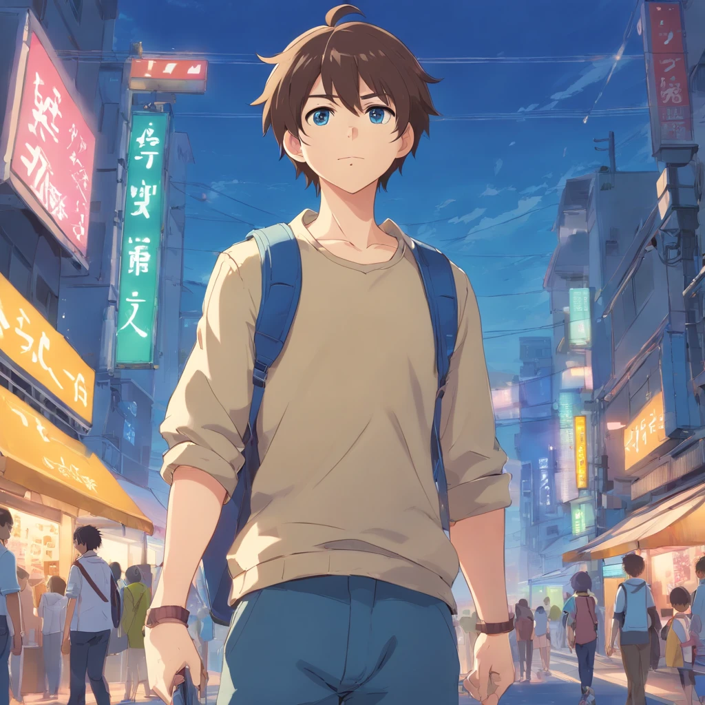 Personnage masculin et mignon. He's a little muscular and a little greasy. He has beautiful blue eyes and waist-length brown hair. Il a un nez fin. Il porte un pull a zip vert emplet, Dark blue cargo pants and a yellow bag. It has a small blue tropical strap. Il a . Il mesure 1m65.