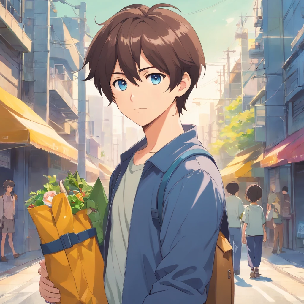 Personnage masculin et mignon. He's a little muscular and a little greasy. He has beautiful blue eyes and waist-length brown hair. Il a un nez fin. Il porte un pull a zip vert emplet, Dark blue cargo pants and a yellow bag. It has a small blue tropical strap. Il a 17 ans. Il mesure 1m65.