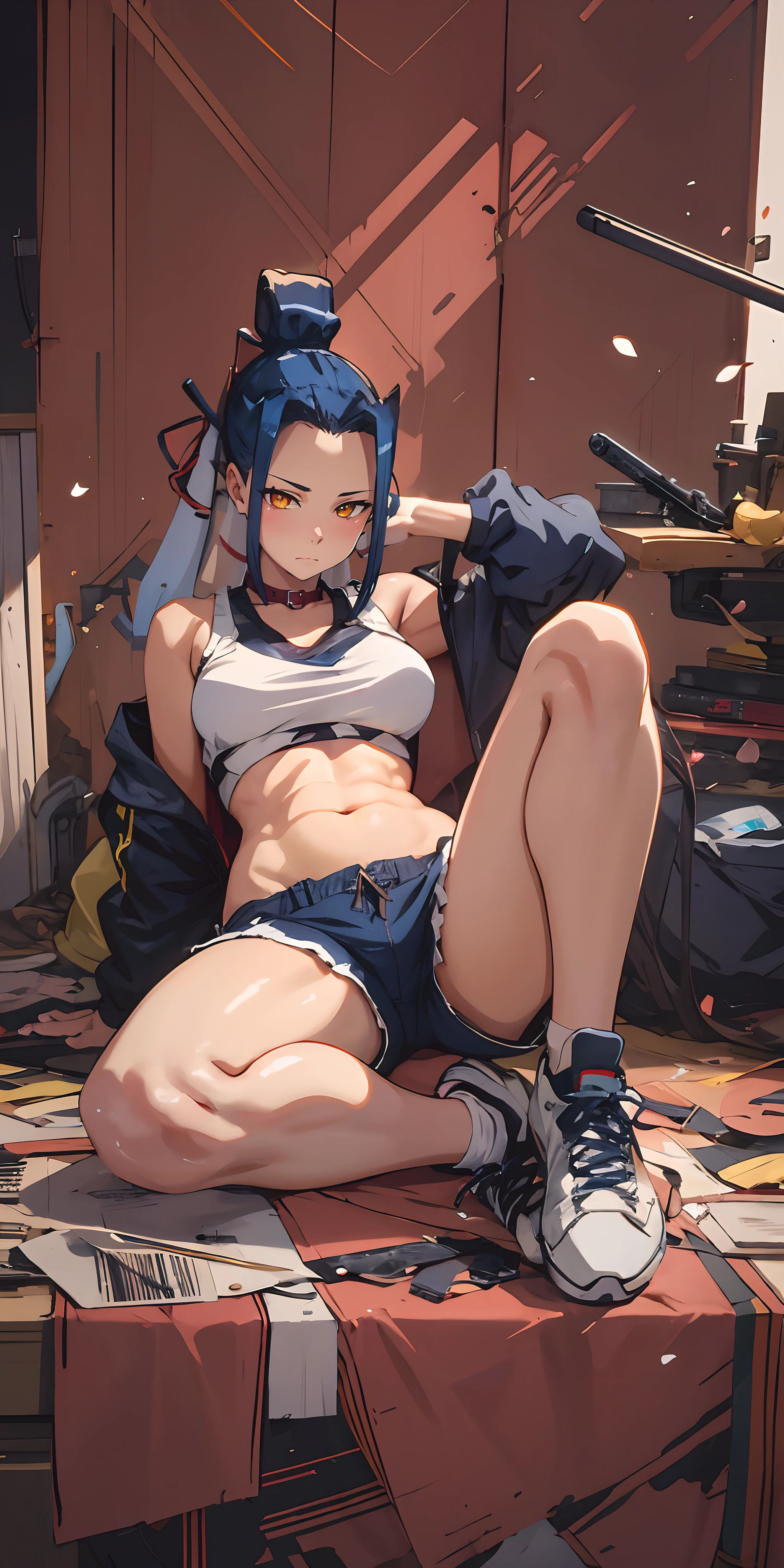 kokuyou, blue hair, ponytail, yellow eyes, petals, 1girl, shorts, breasts, navel, large_breasts, off_shoulder, socks, sneakers, solo, bare_shoulders, shoes, thighs, sitting, looking_at_viewer, midriff, short_shorts, stomach, blush, jacket, "Vector art, Vivid colors, Clean lines, Sharp edges, Minimalist, Precise geometry, Simplistic, Smooth curves, Bold outlines, Crisp shapes, Flat colors, Illustration art piece, High contrast shadows, Technical illustration, Graphic design, Vector graphics, High contrast, Precision artwork, Linear compositions, Scalable artwork, Digital art", (anime coloring, anime screencap:1.4)