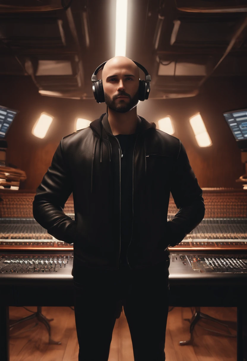 A bald young man with a short beard and brown eyes with headphones wearing a black jacket in a music studio, Imagem no estilo Pixar, Estilo de filme animado 3D, Disney