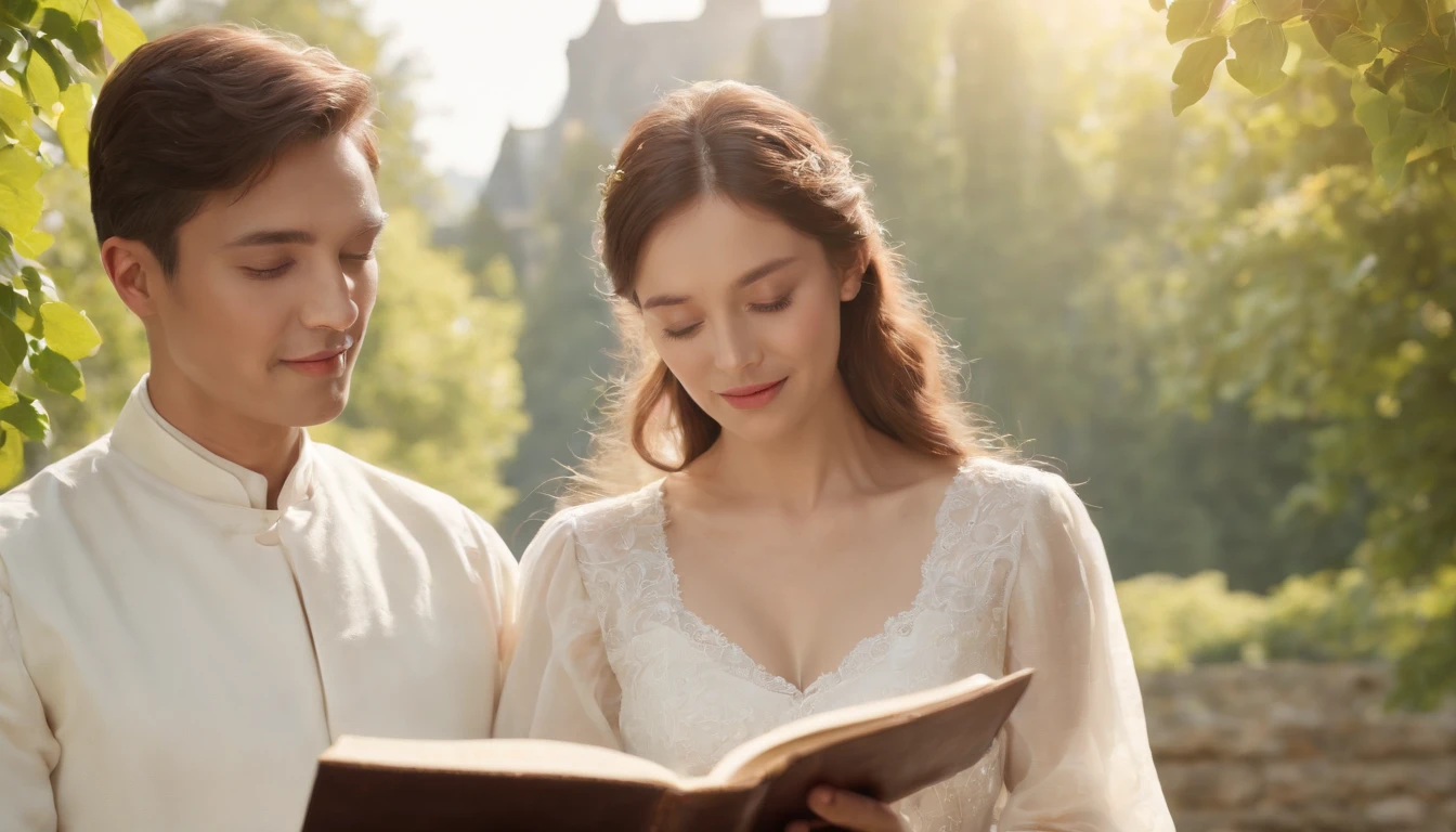 (Best quality,Ultra-detailed,hentail realism:1.37),Imagen,Korean man and woman reading the Bible,Oil painting,Cathedral costumes, View of the cathedral in the distance,Peaceful garden scene,Soft sunlight,Serene expression,wisdom,Bible quotes,vivd colour,Delicate brushwork,subtletextures,Lush greenery,Brooding atmosphere,Beautiful picture book,Outstanding features:eyes focus,gently smiling,Graceful posture,sun rays shining through the trees,Rays,Quiet surroundings,tranquil ambiance,Moments of happiness