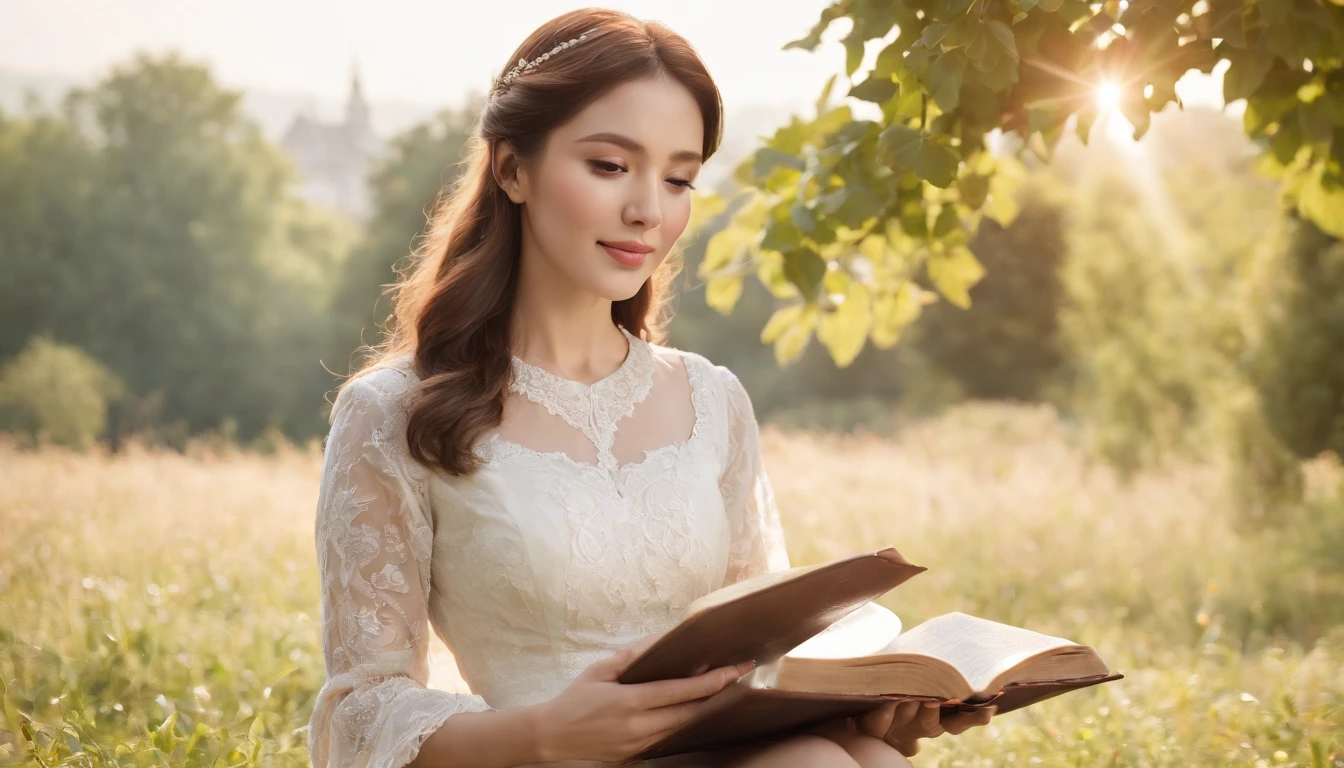 (Best quality,Ultra-detailed,hentail realism:1.37),Imagen,Korean man and woman reading the Bible,Oil painting,Cathedral costumes, View of the cathedral in the distance,Peaceful garden scene,Soft sunlight,Serene expression,wisdom,Bible quotes,vivd colour,Delicate brushwork,subtletextures,Lush greenery,Brooding atmosphere,Beautiful picture book,Outstanding features:eyes focus,gently smiling,Graceful posture,sun rays shining through the trees,Rays,Quiet surroundings,tranquil ambiance,Moments of happiness