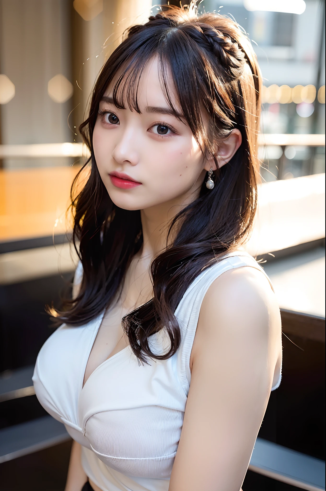 (top-quality、8K、32K、masuter piece、nffsw:1.2)、profile、(slim figure:1.2)、(s lips) 、二重まぶた、shinny skin、Realistic rays、mare、beauitful face、(Light smile:1.3)、White teeth、(a closeup:1.4)、blurry backround、(Front Focus)、(Dark: 1.6)、Fantasy Art、photoRealstic、Professional Lighting、extra detailed face、Award-winning、deep-shadows、Sensual and erotic woman with curvaceous body, Black underwear, french braids, Widest waist, Beautifully fitted breasts, curvy accentuated booty, High-definition gray eyes with long eyelashes, Sensual smile, thick thighs,