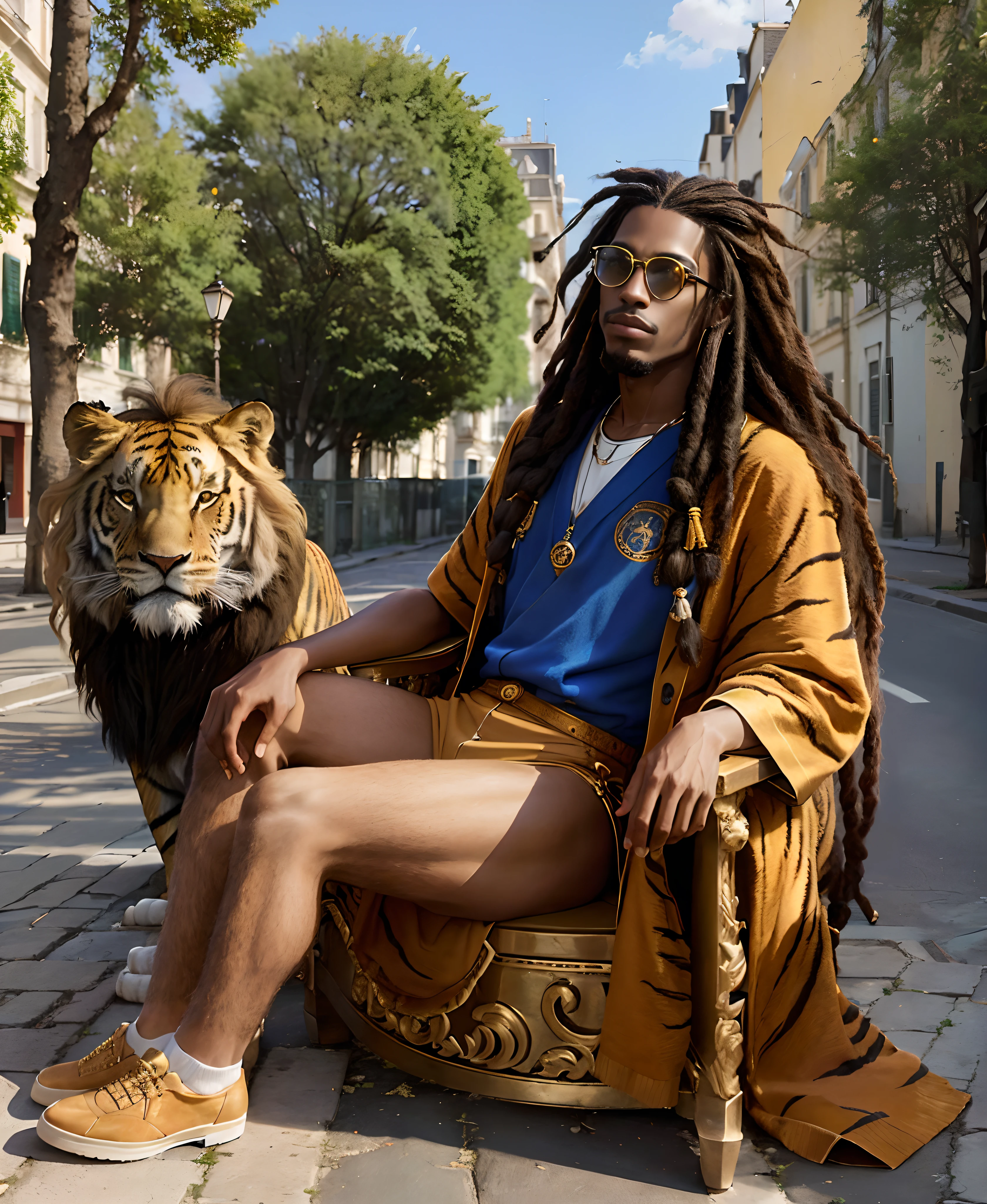 Il y a un homme assis sur une chaise avec un tigre dans la rue, The man who rides is on the lion, Official Versace Editorial, Wes Anderson et Gucci, National Geographic Photo Shoot, alexey egorov, Wes Anderson), Roi de la jungle, Leonid, petite dreadlocks, A black man with long curly hair, Simba, Dans le style Wes Anderson