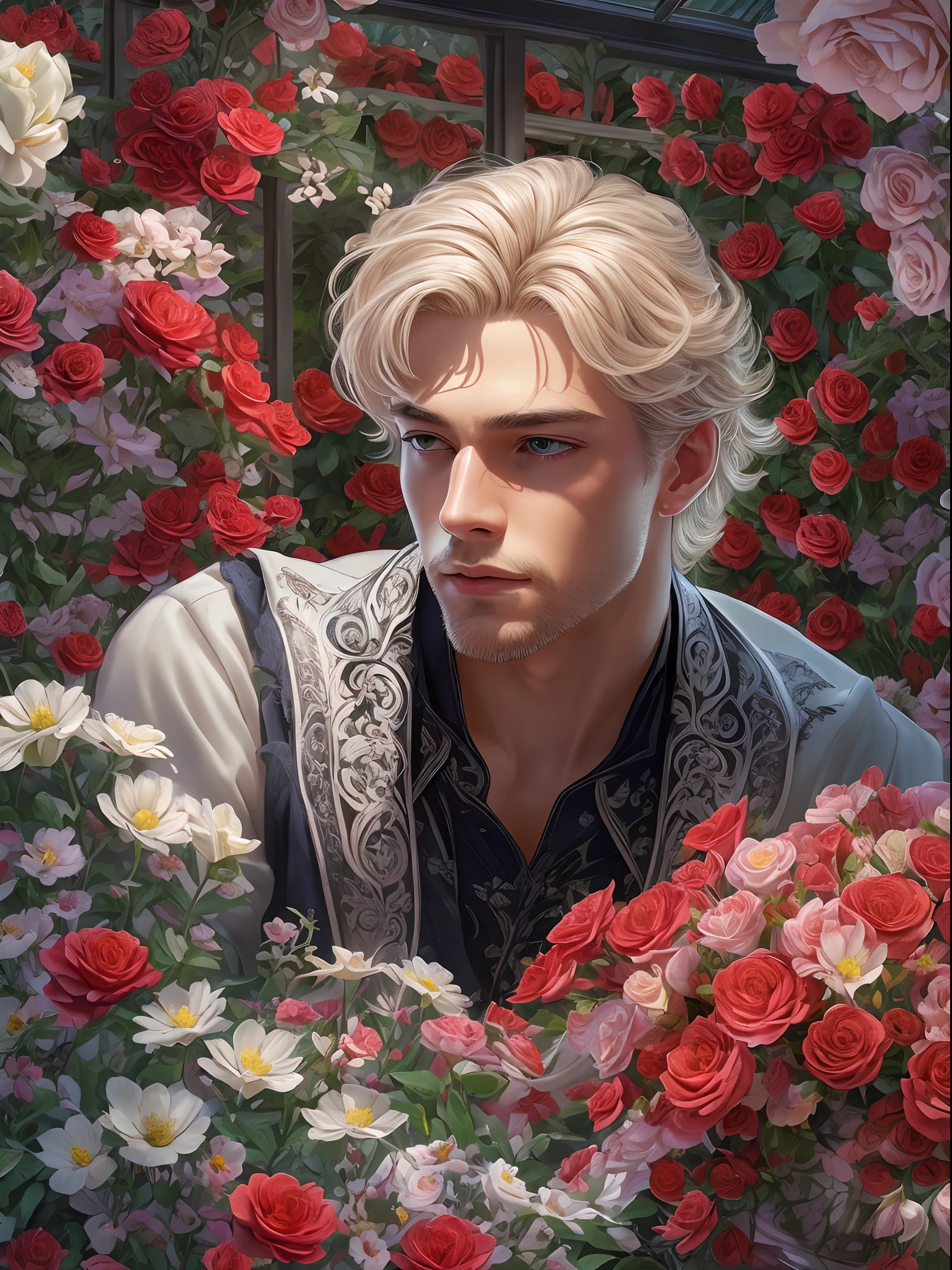 extremely delicate and beautiful, Amazing, finely detail, masterpiece, ultra-detailed, highres,best illustration, best shadow,intricate,sharp focus,  high quality, 1male, solo, blond hair. red eyes, kaveh genshin impact, glass greenhouse, flowers in pots, flowers for sale, man looking at flowers, flowers everywhere