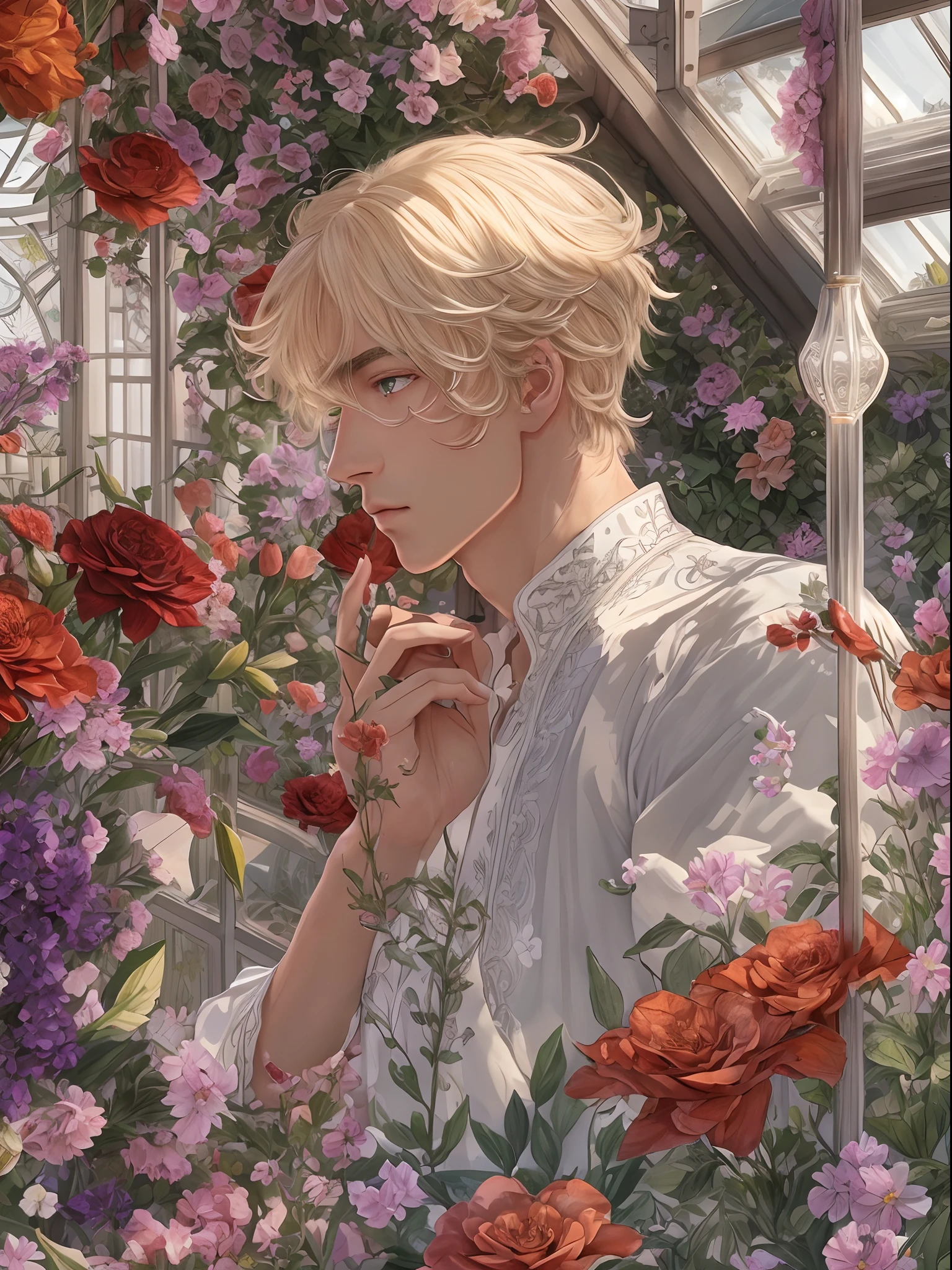 extremely delicate and beautiful, Amazing, finely detail, masterpiece, ultra-detailed, highres,best illustration, best shadow,intricate,sharp focus, high quality, 1male, solo, blond hair. red eyes, kaveh genshin impact, glass greenhouse, flowers in pots, flowers for sale, man looking at flowers, flowers everywhere
