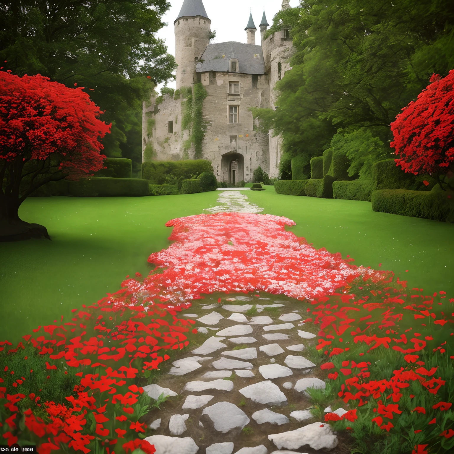 flower sea,A cluster of red moon flowers,green leaf,Seasonal flowers surround the castle,On the perspective of a path,Romance to death,The tone is gentle