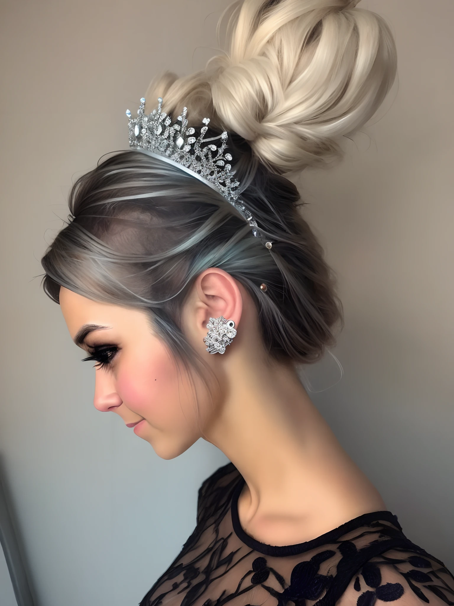 Punk rock messy bun with a tiara