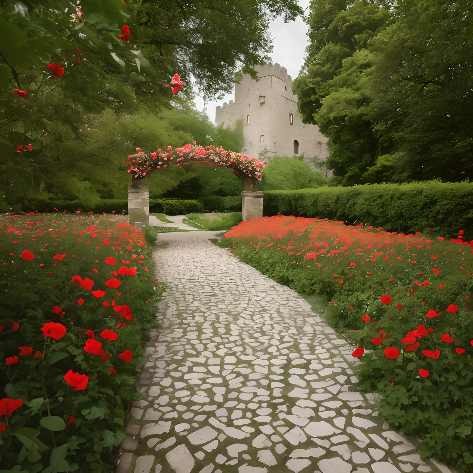 flower  sea，A cluster of red moon flowers，green leaf，Seasonal flowers surround the castle，On the perspective of a path，Romance to death，The tone is gentle