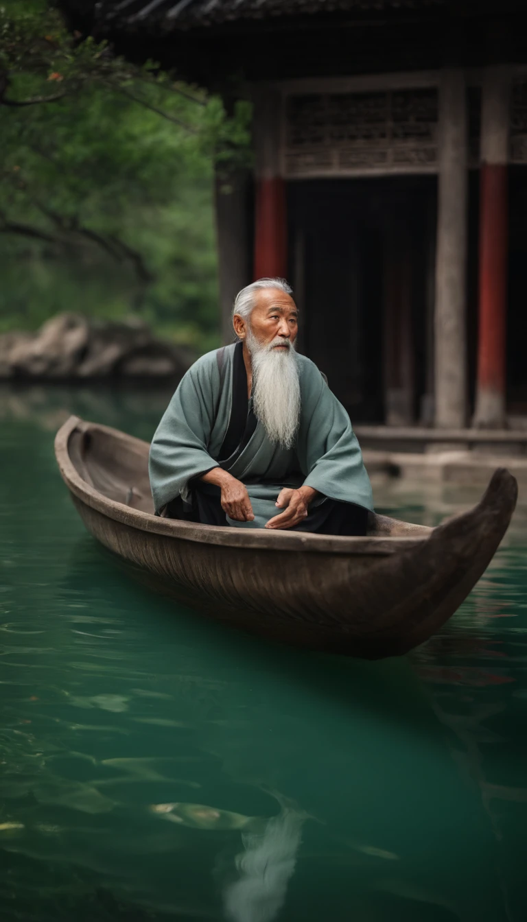 Old man of ancient China，Full of wisdom，gray hair and beard，Deep vision，Full body photo of the front，Sit cross-legged on a small wooden boat，Behind is green water，Bright light，Ultra-clear，8K,Gray robe，close-up imagery