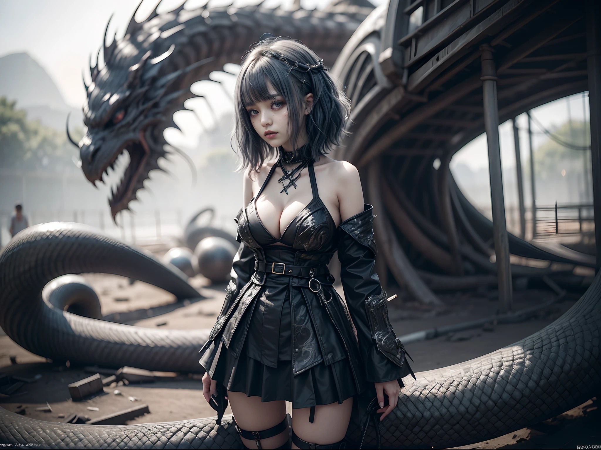 (Big tits), (big breasts),((Big cleavage)) 1girl,korea idol face innocent,(( BIKINI)),Big cleavage,alone(Small waist, slender legs),FULL body photo,rainbow haircolor A vibrant, stylized rendering of KOREA IDOL FACE in his Gear 4 form,dragon,white color, surrounded by a swirling maelstrom of energy.girl  wearing a black armor-dress, she has black wavy hair with a streak of white hair, around her a powerful serpent is her pet, fantasy art, raytraced, light particles, art by Mschiffer, beautiful backlights, beautiful sunset, sunbeams,