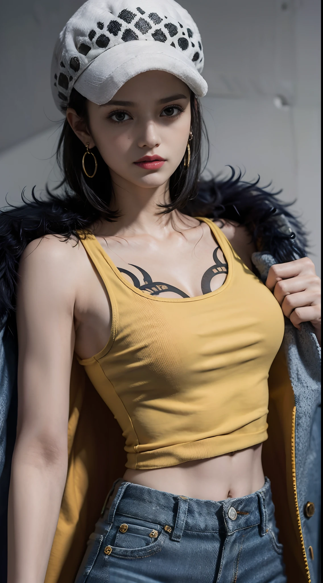 masterpiece, best quality, 8k,highestres, absurdres, extremely detailed, female trafalgar law, solo, looking at viewer, short hair, medium breasts, hat, navel, cleavage, collarbone, earrings, midriff, pants, coat, fur trim, denim, jeans, shoulder tattoo,   black fur-trimmed coat, coat on shoulders, yellow tank top,