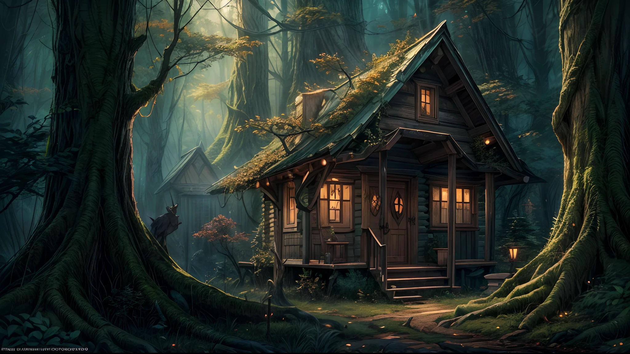 concept art, (Elven style Cabin in a Great Dark Forest:1.5) with Huge trees, magical array, Highly Elaborate, Extreme Detail, Viking, High Fantasy, D&D, Rivendale style, (by WETA , Lord of the Rings, BROM, Greg Hildebrandt, Dr. Seuss), 8k, UHD, HDR, (Masterpiece:1. 5), (best quality:1. 5)