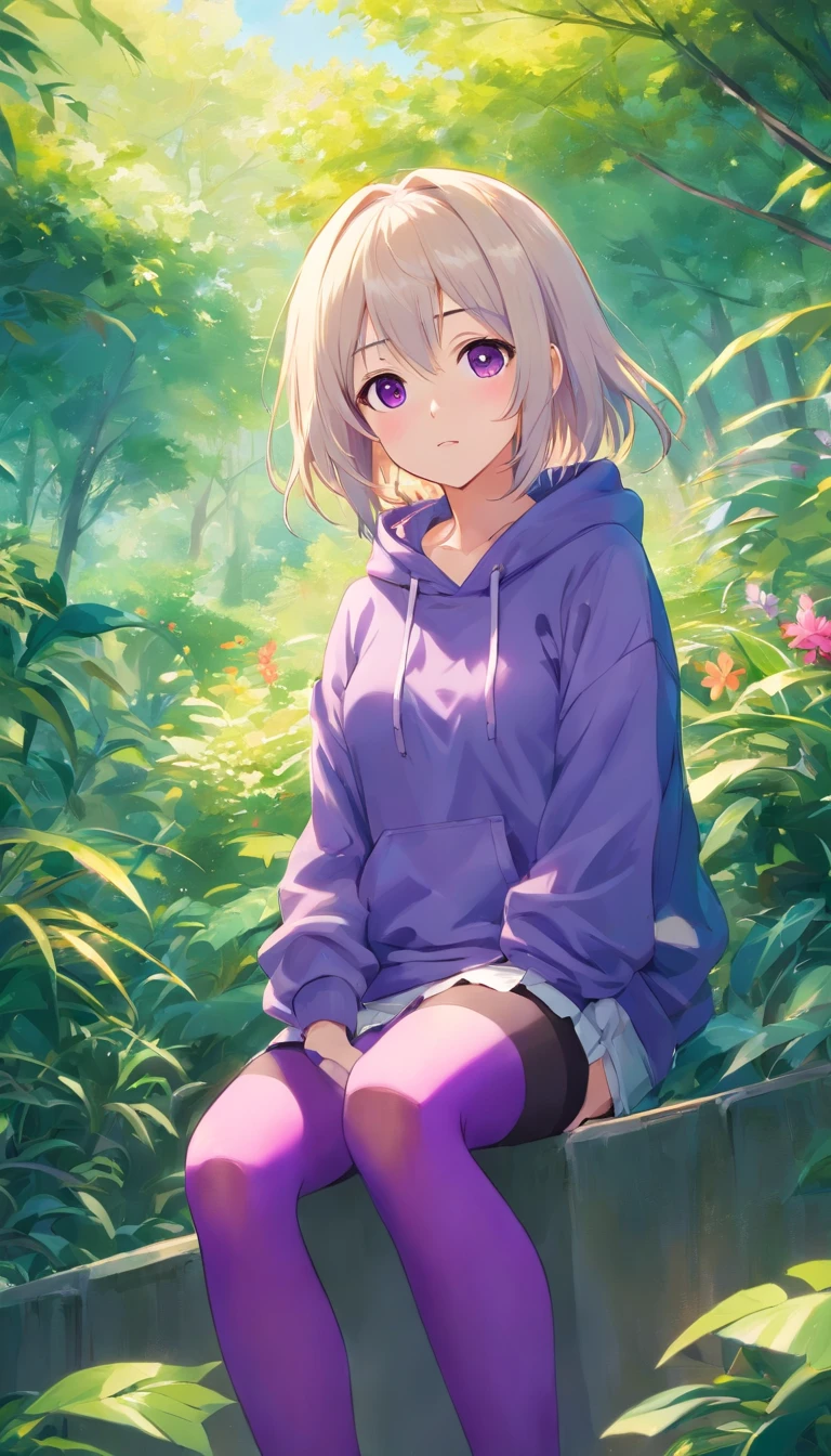 best qualtiy， tmasterpiece， 超高分辨率， realisticlying， 1 girl， long  white hair，Heterochromic pupils，Rise cute sweatshirt，（Slightly drunk expression），（Stick out your tongue），Purple stockings at the bottom，trpical garden，wide angles