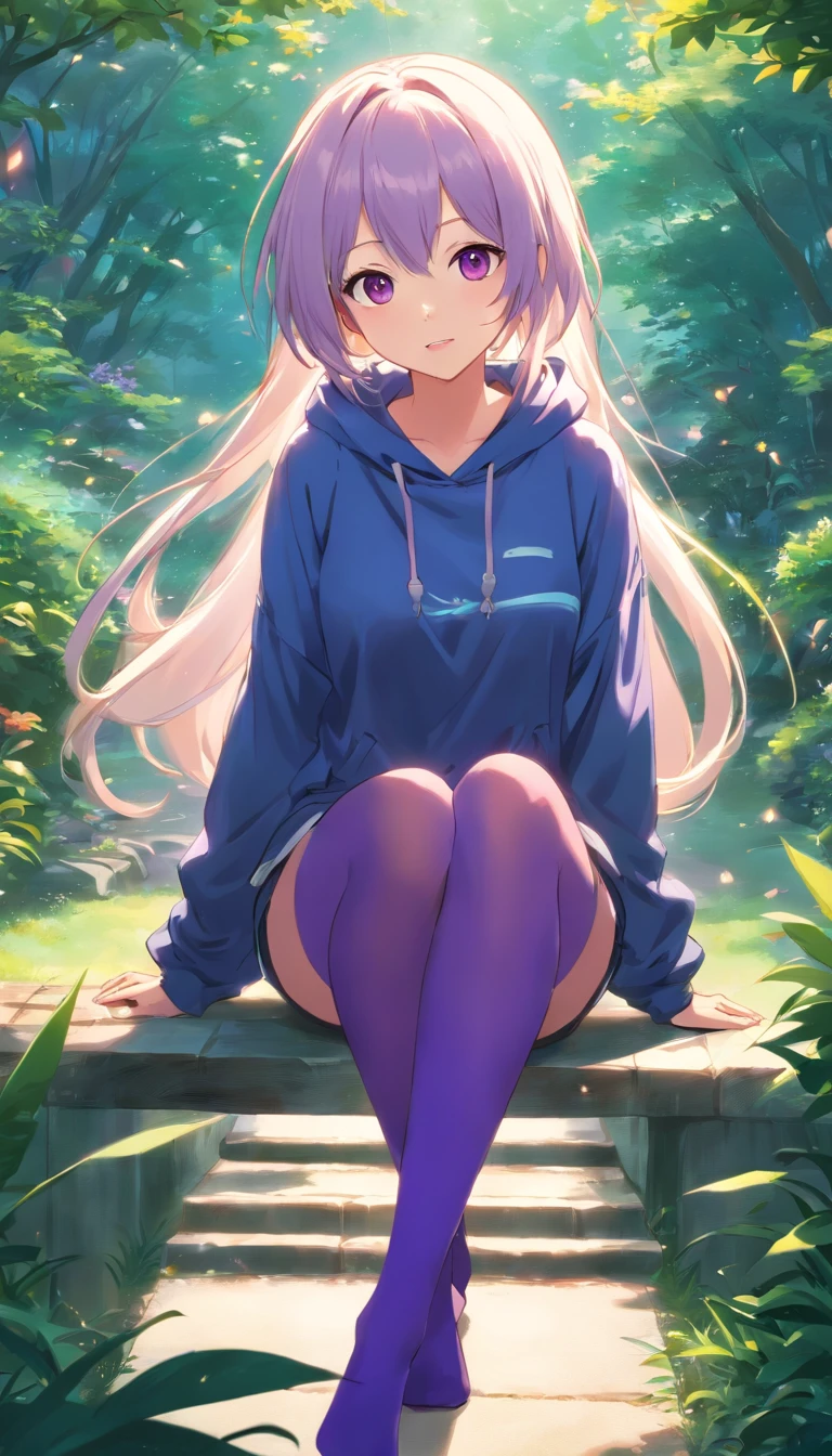 best qualtiy, tmasterpiece, 超高分辨率, realisticlying, 1 girl, long white hair,Heterochromic pupils,Rise cute sweatshirt,(Slightly drunk expression),(Stick out your tongue),Purple stockings at the bottom,trpical garden,wide angles