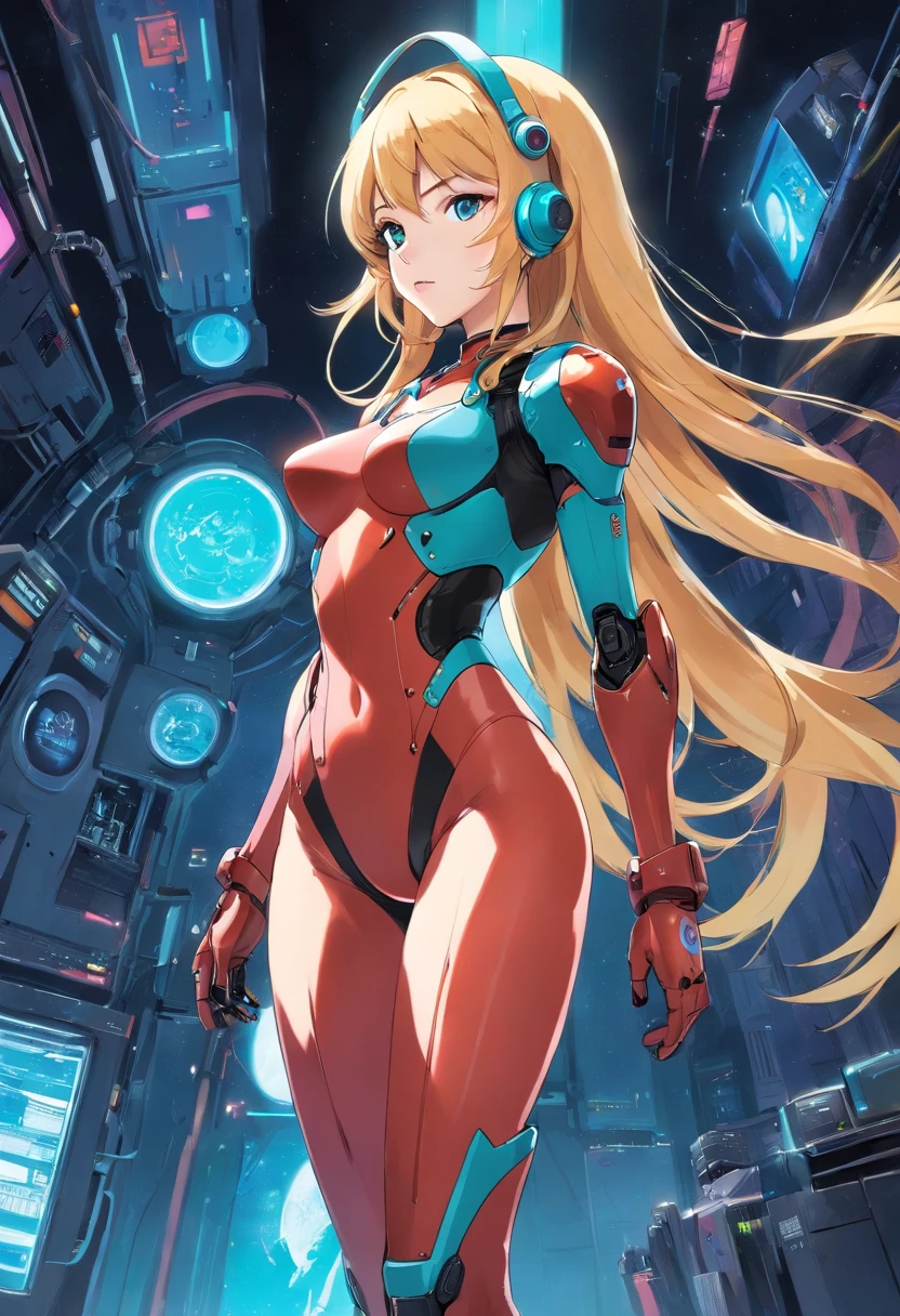 cyber punk perssonage, 1girll, Slender, Wear cardiovascular technician clothing, Girls like Samus Alain,zero suit,anime big breast,big assa, in the space. Best quality, Beautiful and delicate lips, Delicate fingers, detailedpupils, illustration, NaturalHand2-3500