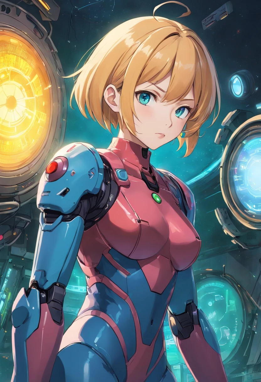 cyber punk perssonage, 1girll, Slender, Wear cardiovascular technician clothing, Girls like Samus Alain,zero suit,anime big breast,big assa, in the space. Best quality, Beautiful and delicate lips, Delicate fingers, detailedpupils, illustration, NaturalHand2-3500