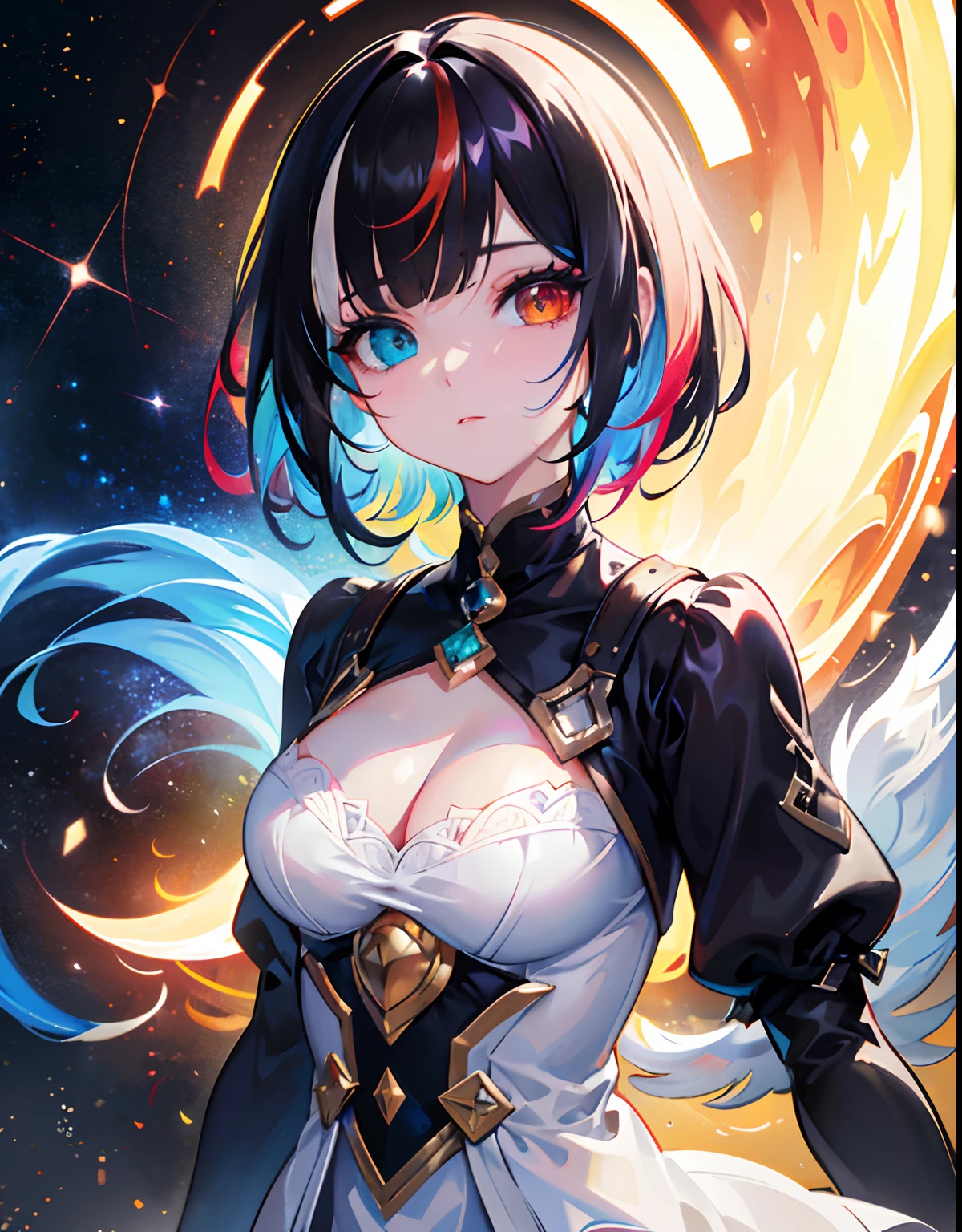 {{masterpiece}}, top-quality, Ultra detailed CG Unity 8k wallpaper, Cinematographic lighting, lensflare, Beautiful detail eyes, A black, sideways eyes, Multi-colored hairs, Colorful Light, Particle, heterochromia iridis, (colourfull:1.5), (Colorful hair:1.5),Bery short hair,Cool Face