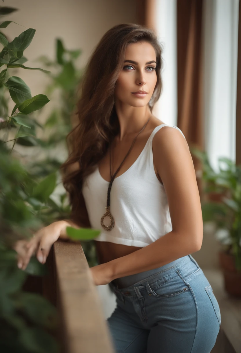 Arafed woman in white T-shirt and necklace, sexy girl with green eyes, Long brown hair and big eyes, selfie of a young woman, Eyes in the bedroom without makeup, natural makeup, looking straight at camera, fine makeup, Stunning full-length shot, Piercing green eyes, beautiful angle, attractive pose, sexy pose, full length image, full - body, shooting full body, Brunette goddess, high detail, Confident posture, Jeans, casual, Plants in the background, DON'T SHOW YOUR HANDS
