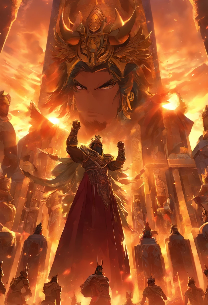(((King of Babylon))) Best quality, Ultra-high resolution, 4K detailed CG, ​master piece, Man, Black hair, standing, Crowns with horns, Four horns, babylon, Babylonian costumes, Babylonian mythology,(( Crown with four corners))Babylonian image style, Aesthetic, Screen-centric, full bodyesbian