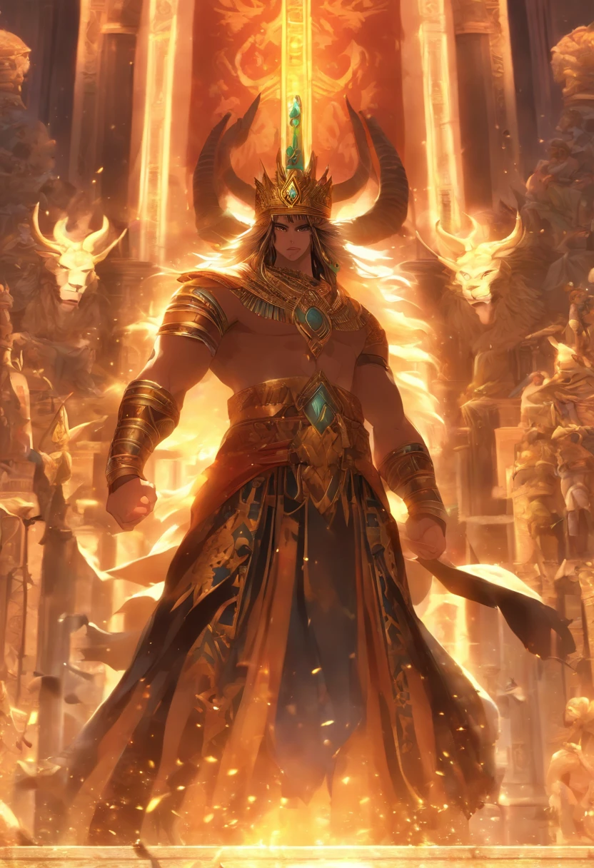 (((King of Babylon))) Best quality, Ultra-high resolution, 4K detailed CG, ​master piece, Man, Black hair, standing, Crowns with horns, Four horns, babylon, Babylonian costumes, Babylonian mythology,(( Crown with four corners))Babylonian image style, Aesthetic, Screen-centric, full bodyesbian