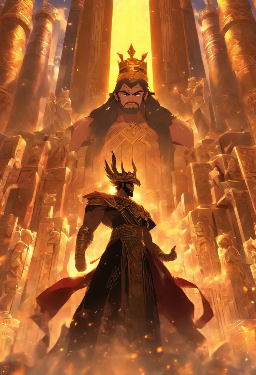 (((King of Babylon))) Best quality, Ultra-high resolution, 4K detailed CG, ​master piece, Man, Black hair, standing, Crowns with horns, Four horns, babylon, Babylonian costumes, Babylonian mythology,(( Crown with four corners))Babylonian image style, Aesthetic, Screen-centric, full bodyesbian
