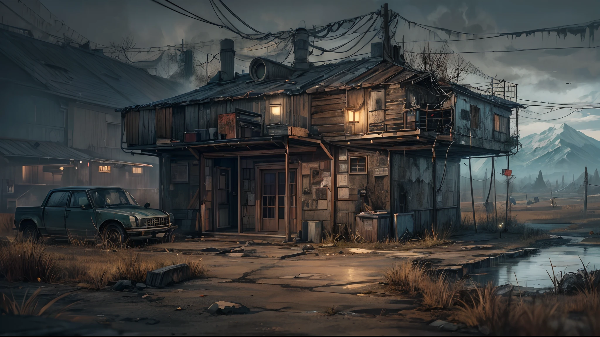 concept art, A small Armored bunker style Cabin in a post apocalyptic, surrounded by barbwire, gun turrets on roof, mountain lake, dreary smoky atmosphere, Epic long shot, postapoAI, 8k, UHD, HDR, (Masterpiece:1. 5), (best quality:1. 5), volumetric lighting, HD
