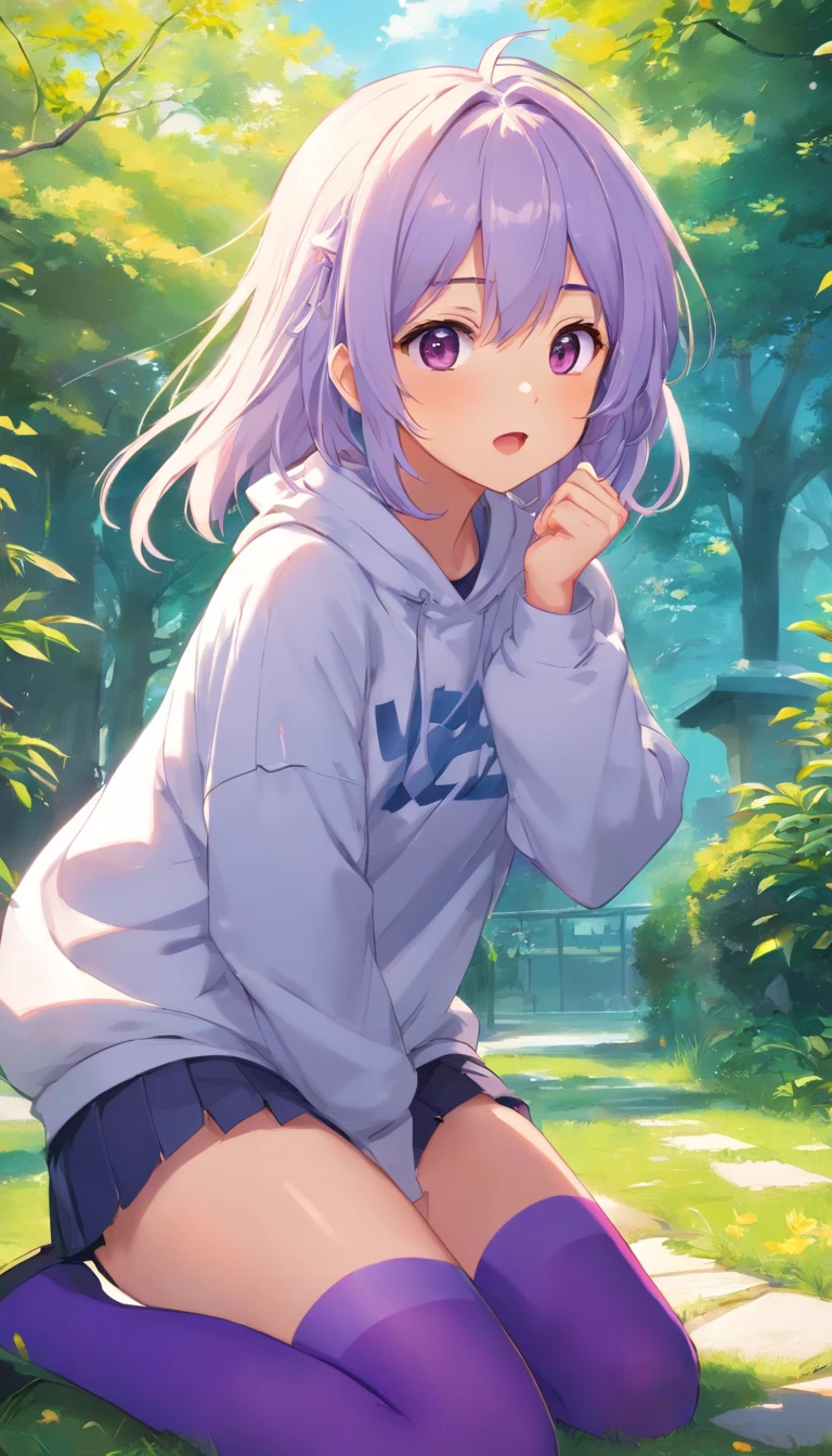 best qualtiy， tmasterpiece， 超高分辨率， realisticlying， 1 girl， long  white hair，Heterochromic pupils，Rise cute sweatshirt，（A slightly drunken expression），（Stick out your tongue），（Wink cute expression）Bottom purple stockings，trpical garden，wide angles