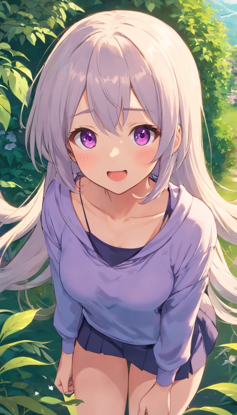 best qualtiy, tmasterpiece, 超高分辨率, realisticlying, 1 girl, long white hair,Heterochromic pupils,Rise cute sweatshirt,(A slightly drunken expression),(Stick out your tongue),(Wink cute expression)Bottom purple stockings,trpical garden,wide angles