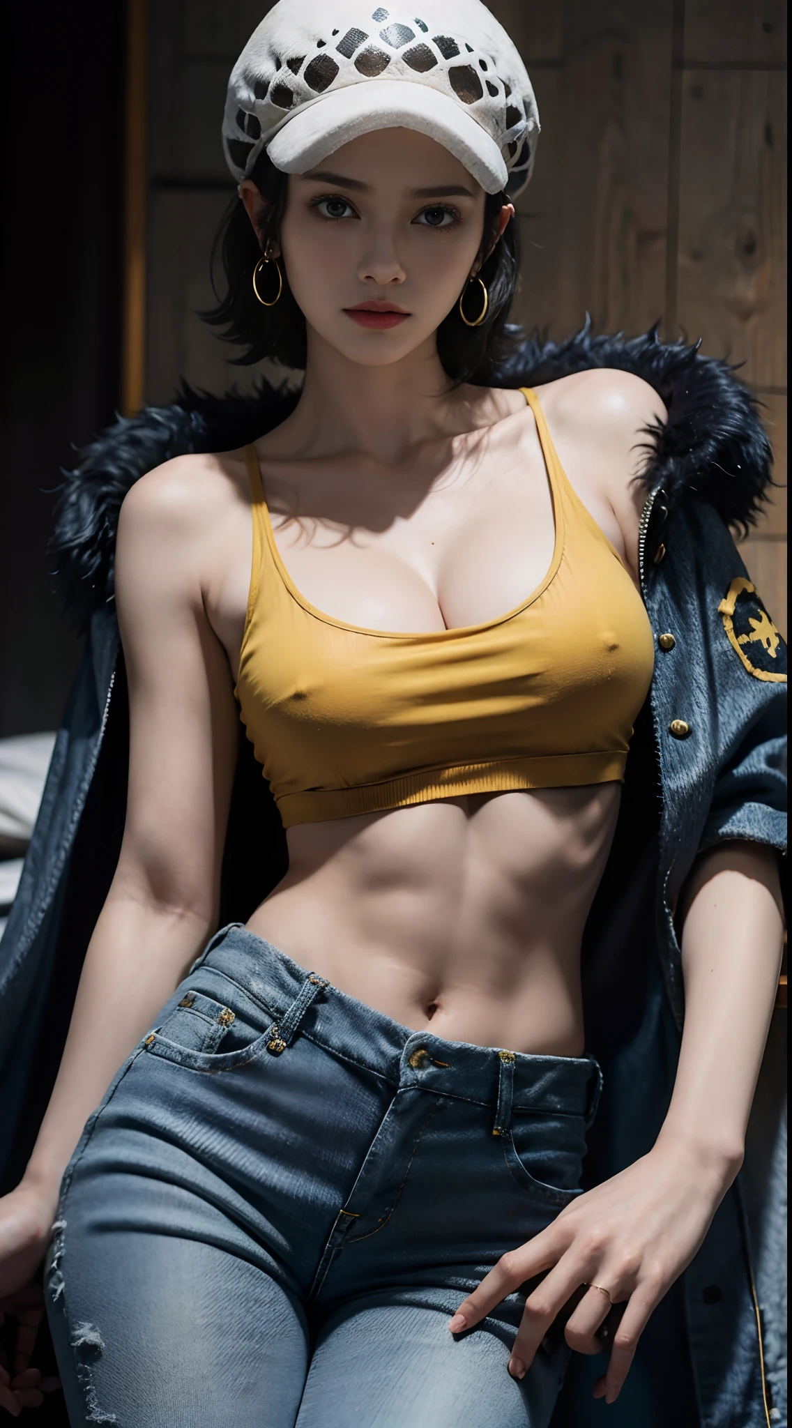masterpiece, best quality, 8k,highestres, absurdres, extremely detailed, female trafalgar law, solo, looking at viewer, short hair, medium breasts, hat, navel, cleavage, collarbone, earrings, midriff, pants, coat, fur trim, denim, jeans, shoulder tattoo, black fur-trimmed coat, coat on shoulders, yellow tank top,